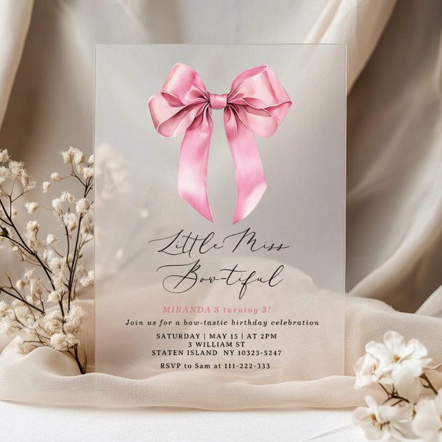 Invitaciones Acrílicas La pequeña señorita Bowtiful chica Bow Rosado Cump (Subido por el creador)