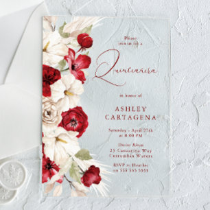 Invitaciones Acrílicas La Quinceanera floral blanca y roja