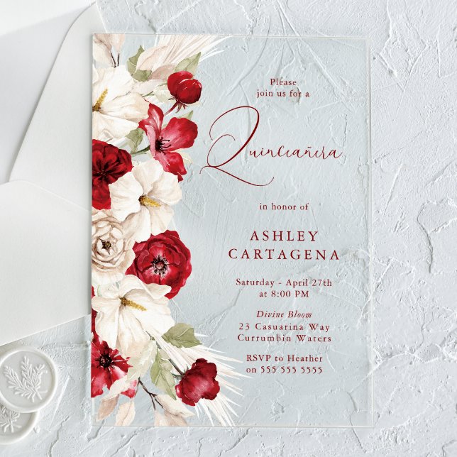 Invitaciones Acrílicas La Quinceanera floral blanca y roja (Subido por el creador)