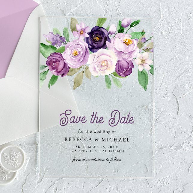 Invitaciones Acrílicas La rústica boda floral púrpura salva la fecha (Subido por el creador)