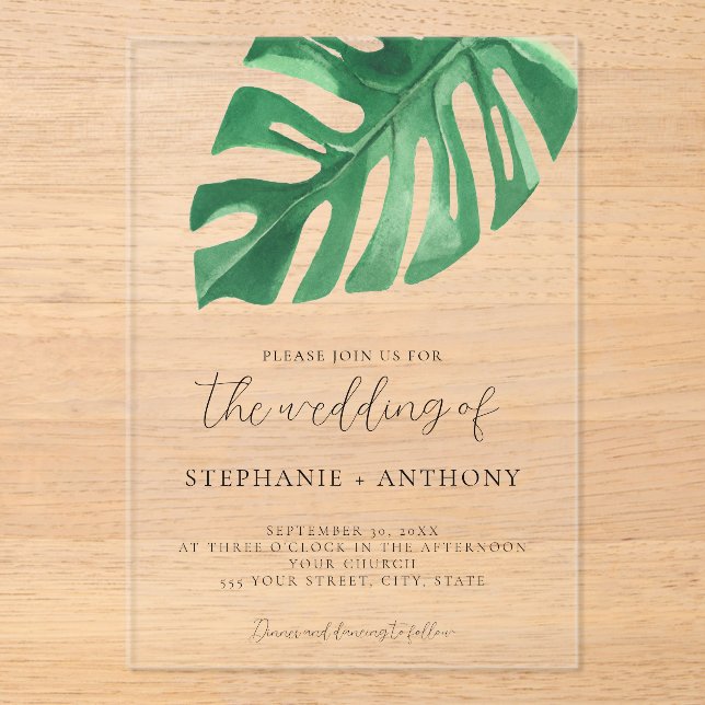 Invitaciones Acrílicas La vegetación tropical Monstera deja Boda de veran (Anverso)