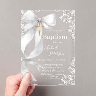 Invitaciones Acrílicas Lace Gold Cross Baptism White Bow