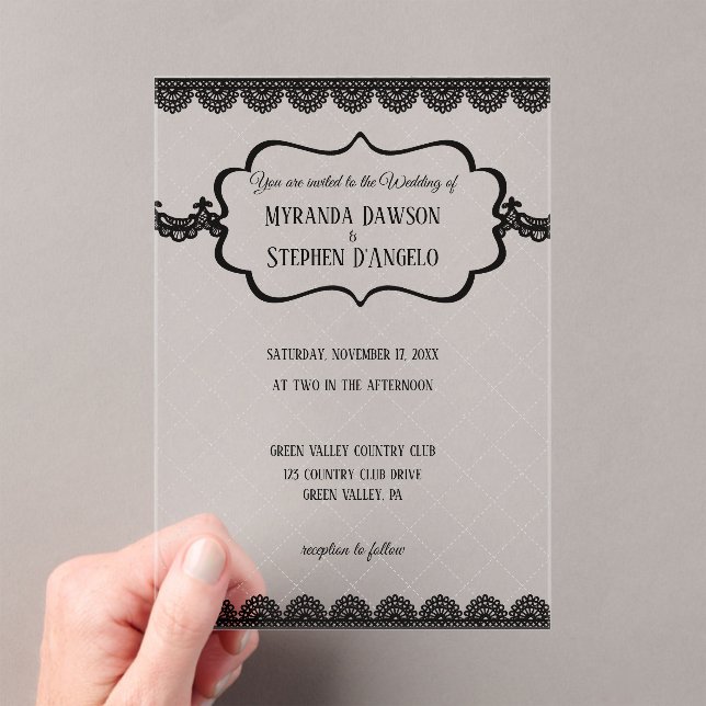 Invitaciones Acrílicas Lace negro sobre una boda personalizada transparen (Insitu (portátil))