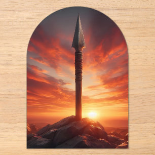 Invitaciones Acrílicas Lanza épica en un paisaje místico de puesta de sol