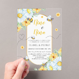 Invitaciones Acrílicas Las abejas y las flores blancas revelan el género 