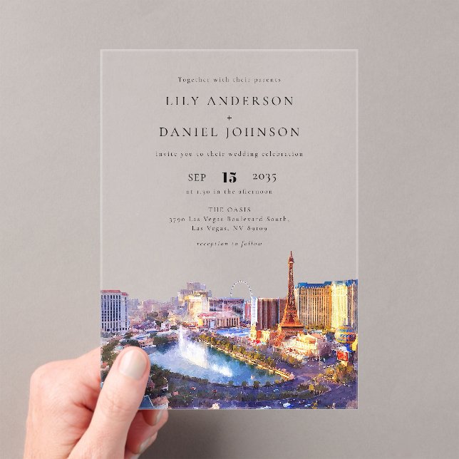 Invitaciones Acrílicas Las Vegas Skyline Watercolor Destination Wedding (Insitu (portátil))