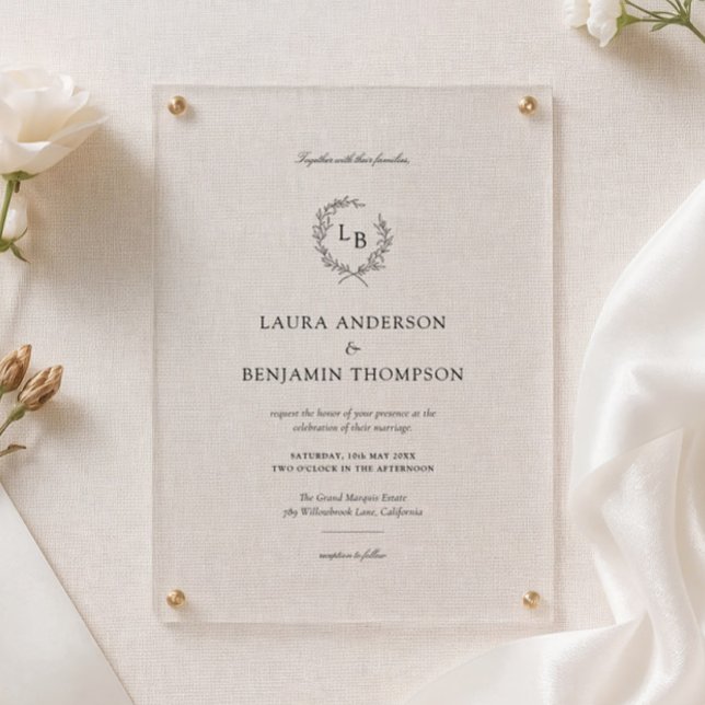 Invitaciones Acrílicas Laurel Wreath Wedding Crest Minimalist (Subido por el creador)