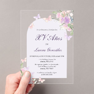 Invitaciones Acrílicas Lavanda con mariposas Quinceanera Acry