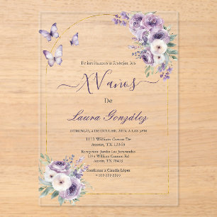 Invitaciones Acrílicas Lavanda con mariposas Quinceanera español