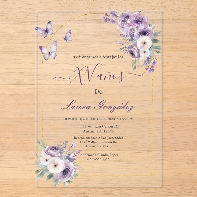 Invitaciones Acrílicas Lavanda con mariposas Quinceanera español (Anverso)