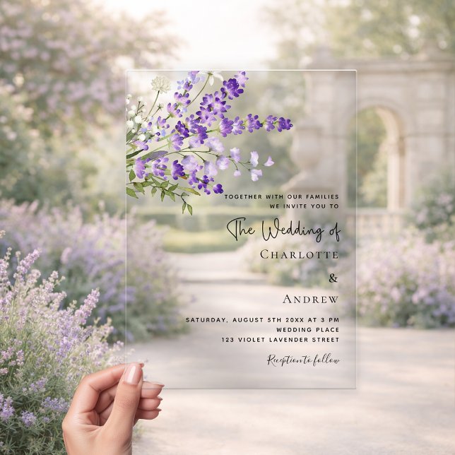 Invitaciones Acrílicas Lavanda flores violeta claro boda  (Subido por el creador)