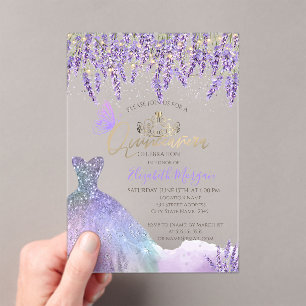 Invitaciones Acrílicas Lavanda,Luces de Cadena,Vestido de Brillo Quinceañ