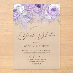 Invitaciones Acrílicas Lavanda Morado Brillante Floral Dulce 16 Helado