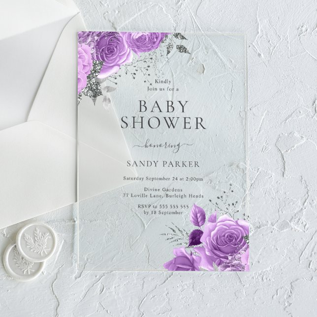 Invitaciones Acrílicas Lavender Baby Shower morado y plateado (Subido por el creador)