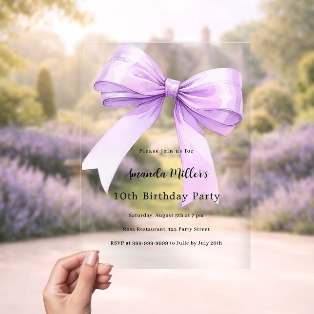 Invitaciones Acrílicas Lavender bow coquette girl luxury clear birthday (Subido por el creador)