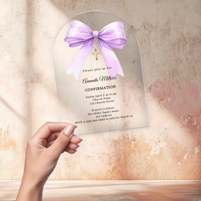 Invitaciones Acrílicas Lavender bow cream girl Confirmation arch (Subido por el creador)