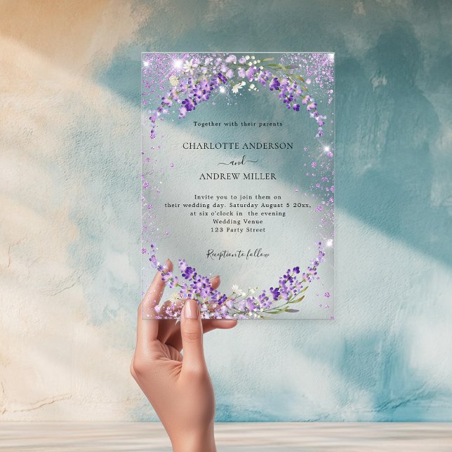 Invitaciones Acrílicas Lavender eucalipto destella boda nocturno (Subido por el creador)