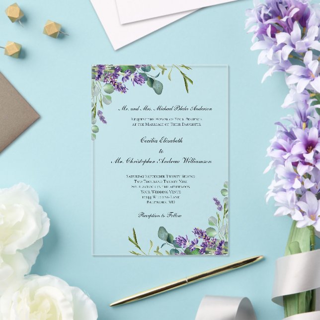 Invitaciones Acrílicas Lavender Eucalyptus Elegant Boda Formal (Insitu (Boda))