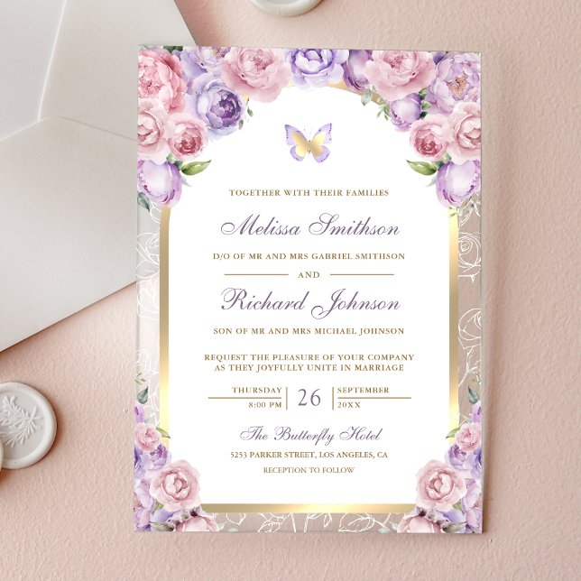 Invitaciones Acrílicas Lavender Pink Floral Gold Arch Butterfly Wedding (Subido por el creador)