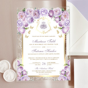 Invitaciones Acrílicas Lavender Purple Floral Gold Arch Boda Musulmana