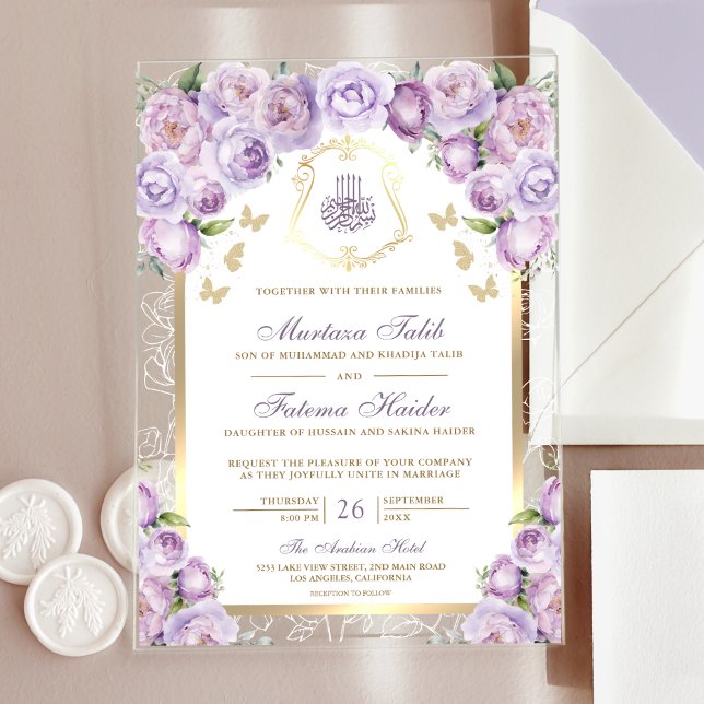 Invitaciones Acrílicas Lavender Purple Floral Gold Arch Boda Musulmana (Subido por el creador)