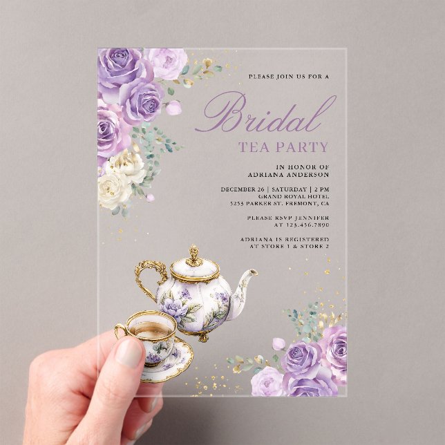 Invitaciones Acrílicas Lavender Purple Floral Tea Party Bridal Shower (Insitu (portátil))
