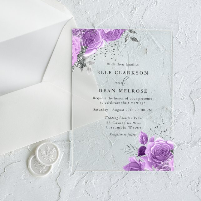 Invitaciones Acrílicas Lavender Purple & Silver Floral Elegante Boda (Subido por el creador)