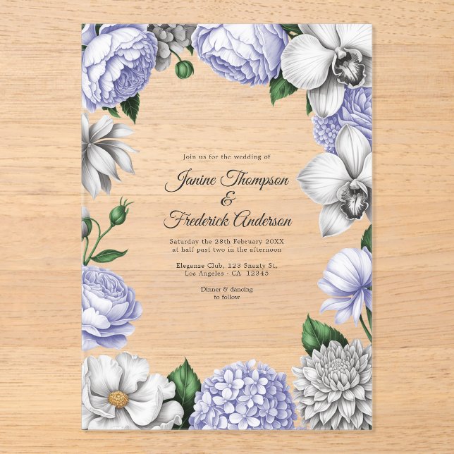 Invitaciones Acrílicas Lavender & Silver Modern Botanical Wedding (Anverso)