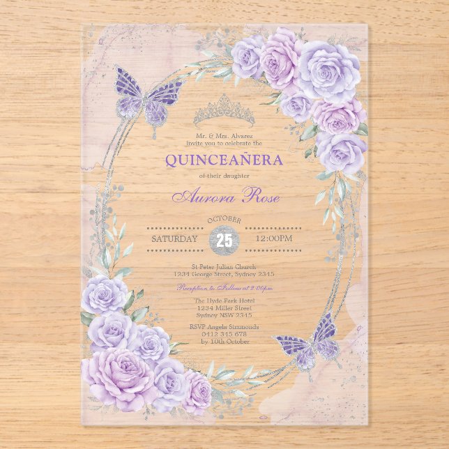 Invitaciones Acrílicas Lavender Silver Quinceanera Mis Quince 15 Anos (Anverso)