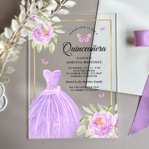Invitaciones Acrílicas Lavender Vestido Floral Mariposa Oro Quinceanera