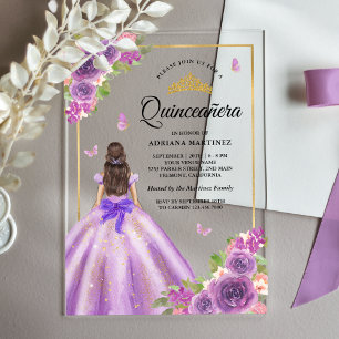 Invitaciones Acrílicas Lavender Vestido Floral Mariposa Oro Quinceanera