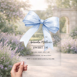 Invitaciones Acrílicas Lazo azul crema beige elegante Dulces 16 claro