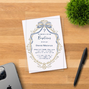Invitaciones Acrílicas lazo azul elegante marco beige Bautizo