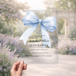 Invitaciones Acrílicas Lazo azul elegante Quinceanera lujo claro