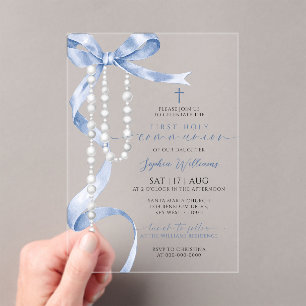 Invitaciones Acrílicas Lazo Azul Elegante y Rosario Primera Comunión