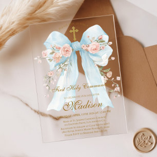 Invitaciones Acrílicas Lazo Azul Floral Primera Comunión Niña