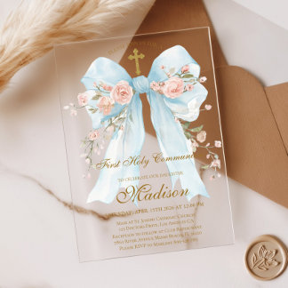 Invitaciones Acrílicas Lazo Azul Floral Primera Comunión Niña