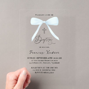 Invitaciones Acrílicas lazo azul pastel   Bautizo