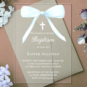 Invitaciones Acrílicas lazo azul pastel   Bautizo