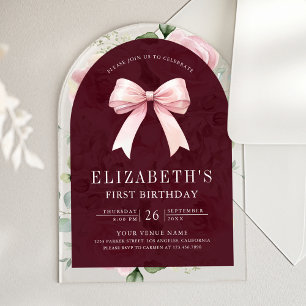Invitaciones Acrílicas Lazo Coqueta Floral Rosa Burgundy Primer Cumpleaño