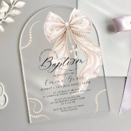 Invitaciones Acrílicas Lazo Coqueto Elegante con Perlas Lujo Bautizo