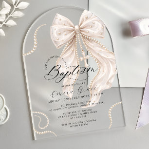 Invitaciones Acrílicas Lazo Coqueto Elegante con Perlas Lujo Bautizo