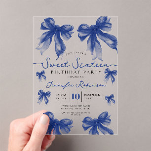 Invitaciones Acrílicas Lazo Coquette Femenino Cumpleaños 16 Dulce Azul Ma