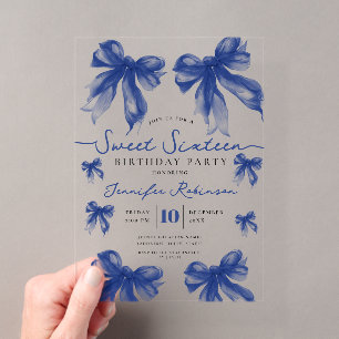 Invitaciones Acrílicas Lazo Coquette Femenino Cumpleaños Sweet 16 Azul Ma