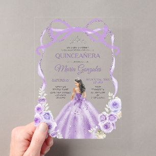 Invitaciones Acrílicas Lazo de cinta floral morado polvoriento Mis Quince