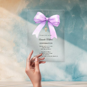 Invitaciones Acrílicas Lazo de lavanda crema niña clara Confirmación