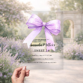 Invitaciones Acrílicas Lazo de lavanda crema transparente Sweet 16