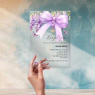 Invitaciones Acrílicas Lazo de lavanda para niña de flores Bautizo