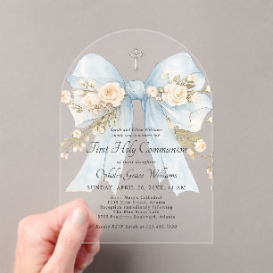 Invitaciones Acrílicas Lazo floral azul polvoriento para niña Primera Com