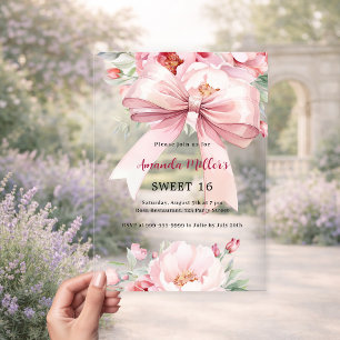 Invitaciones Acrílicas Lazo floral rosa claro Cumpleaños 16